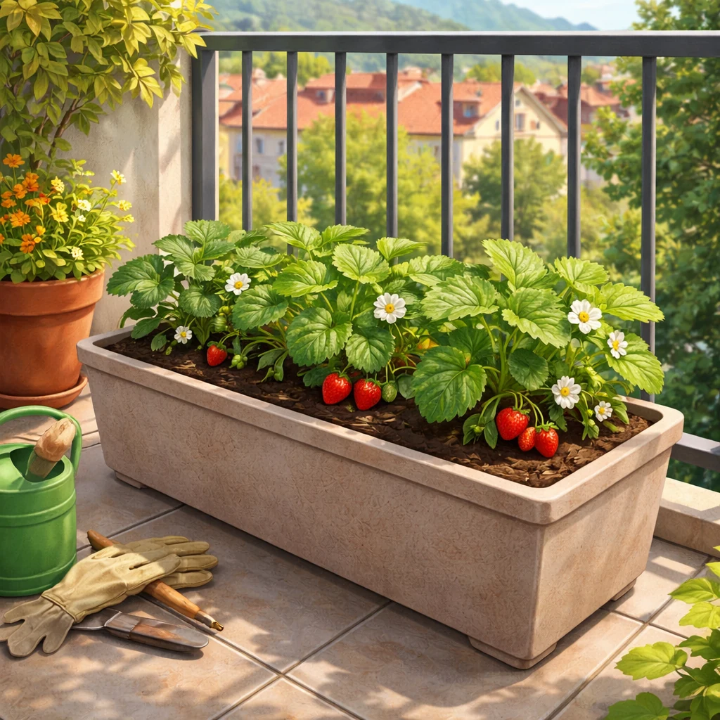 Ilustracija jagod v velikem koritu na tleh svetlega balkona z dostopom za zalivanje